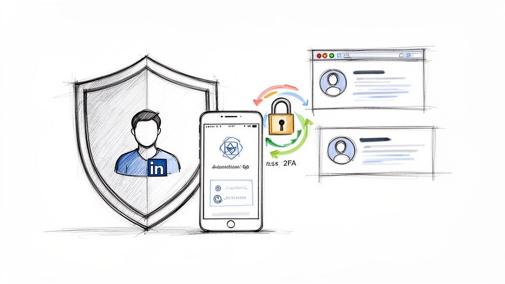A sketch illustrating LinkedIn account security with a shield, user profile, mobile authentication app, and 2FA padlock.