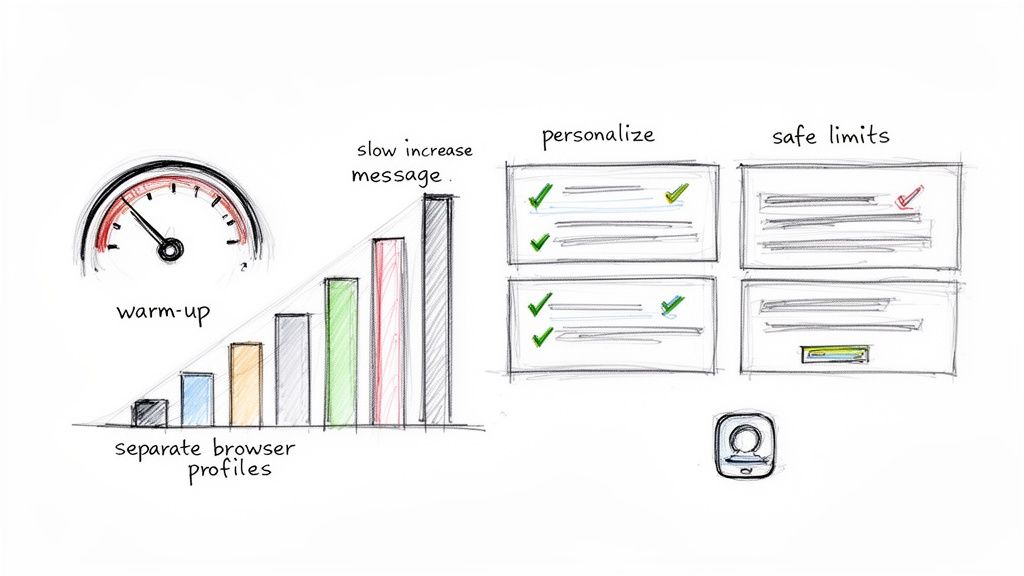Sketch illustrating a warm-up speedometer, increasing bar chart for browser profiles, personalization, and safe limits.