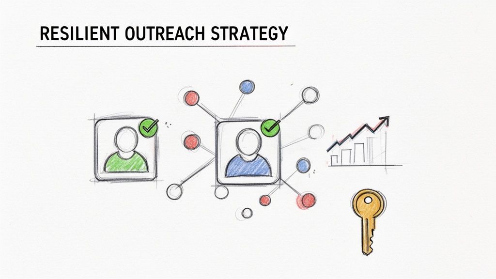 A diagram illustrating a resilient outreach strategy with user profiles, a network, growth chart, and a key.