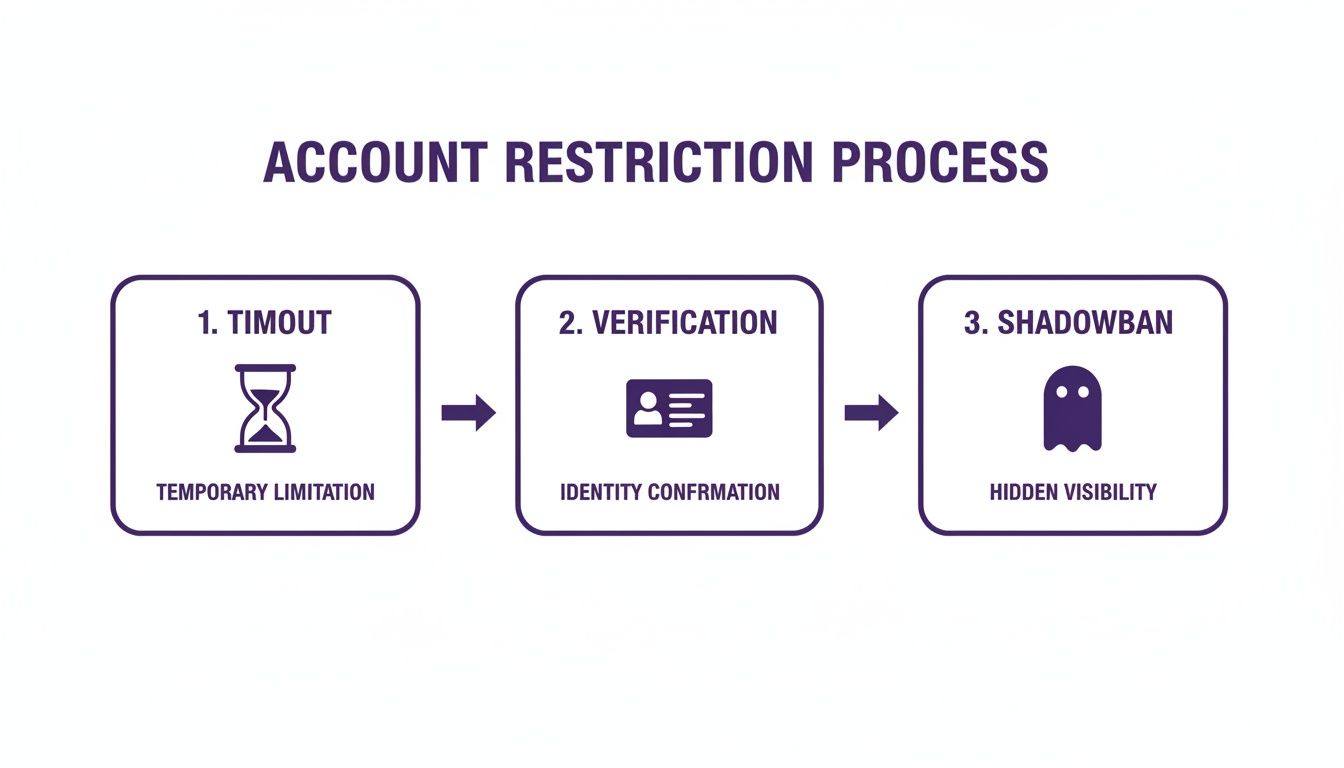 An infographic detailing the three-step account restriction process: timeout, verification, and shadowban.