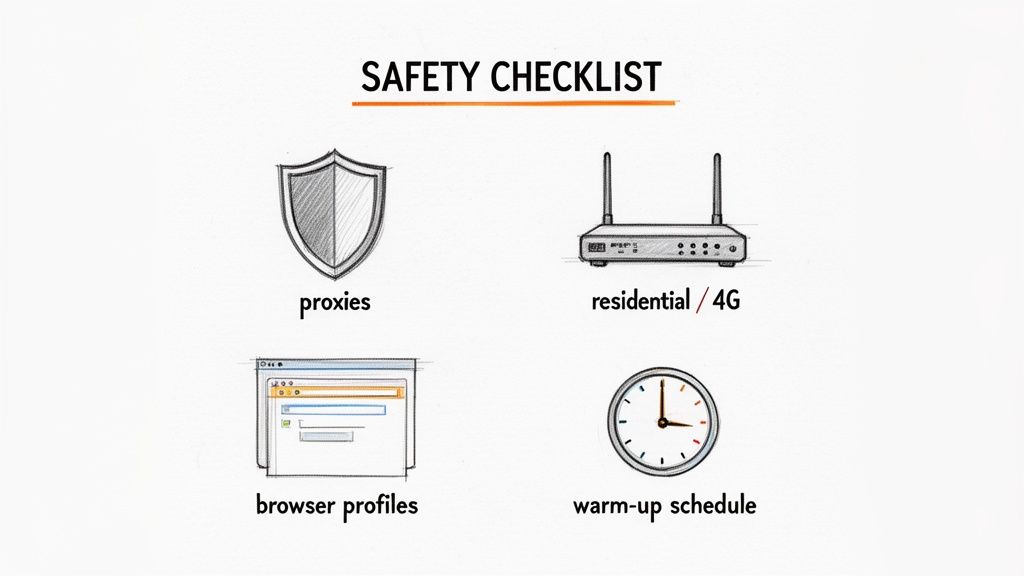 A safety checklist with icons for proxies, residential/4G, browser profiles, and warm-up schedule.