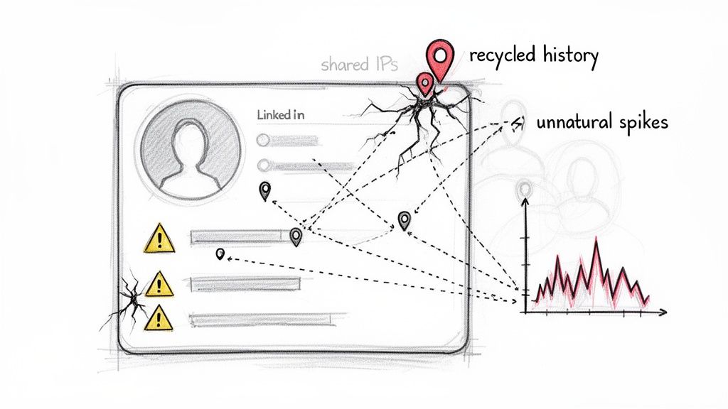 Diagram showing fraudulent account activity on LinkedIn with shared IPs, recycled history, and unnatural spikes.