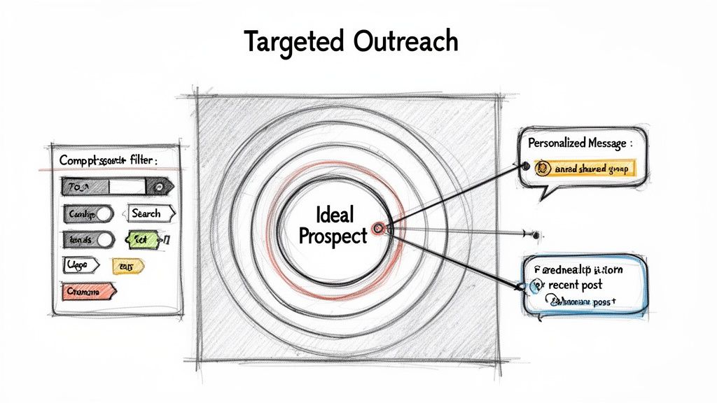 A diagram illustrates targeted outreach with filters, an ideal prospect at the center, and personalized message examples.