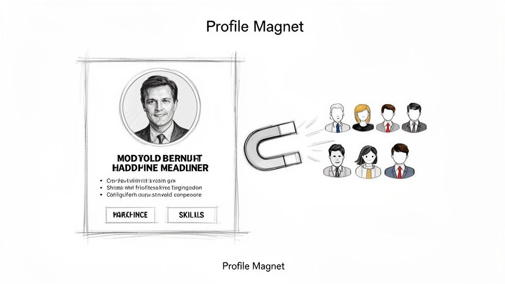 Sketch illustrating a profile acting as a magnet to attract more professional connections on LinkedIn.