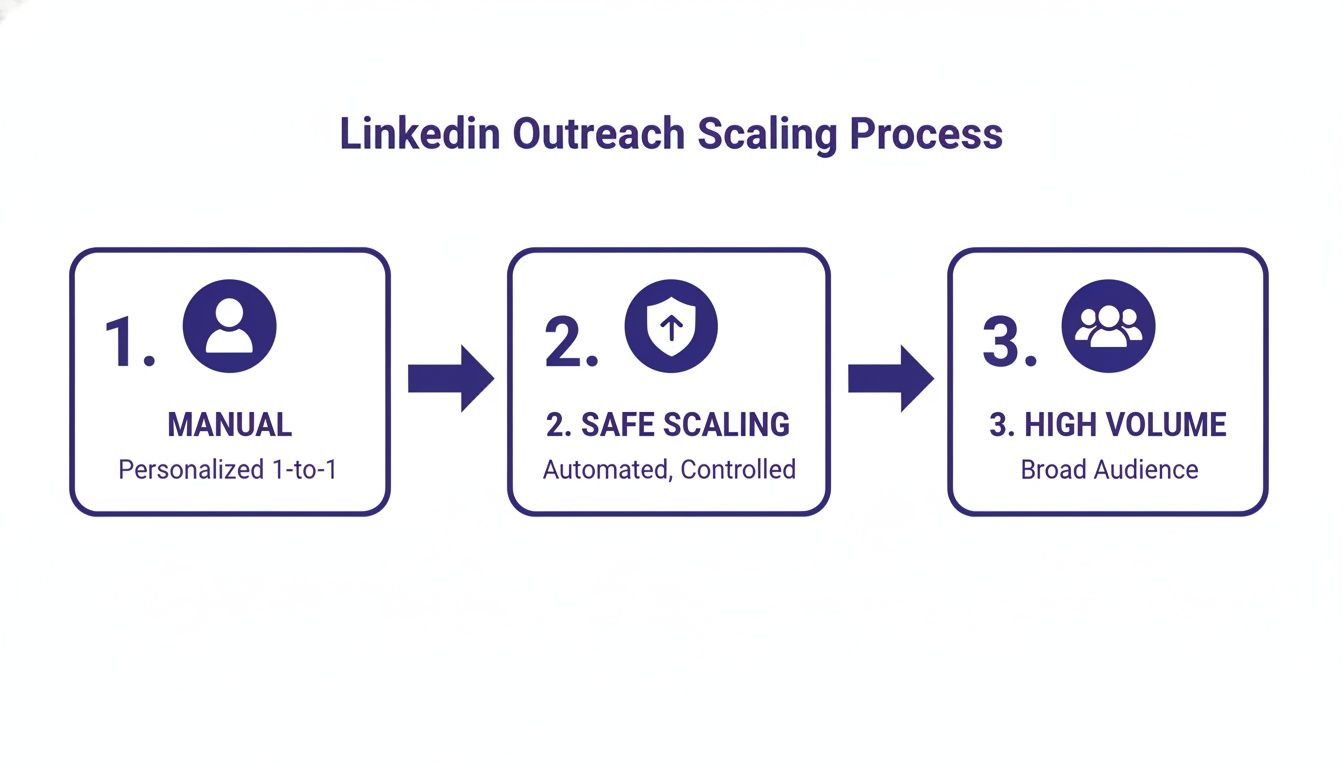 A three-step LinkedIn outreach scaling process showing manual, safe scaling, and high volume phases.