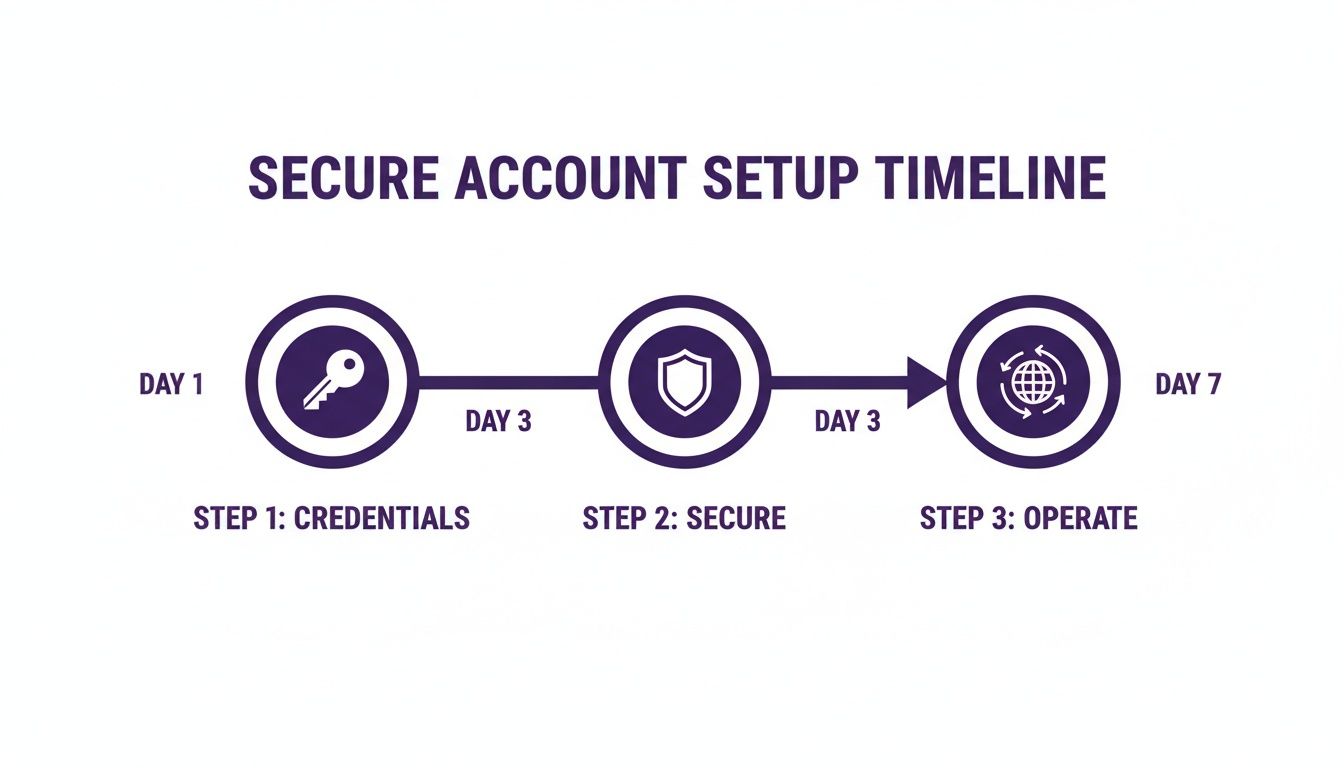 Secure account setup timeline illustrating three steps: Credentials, Secure, and Operate, spanning seven days.
