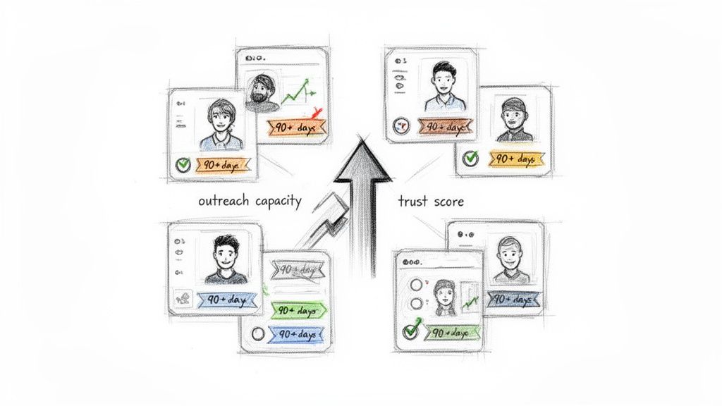 Hand-drawn user profiles with '90+ days' indicators for outreach capacity and trust scores.