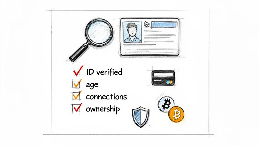 A sketch showing ID verification, including age, connections, ownership, credit card, and cryptocurrency.