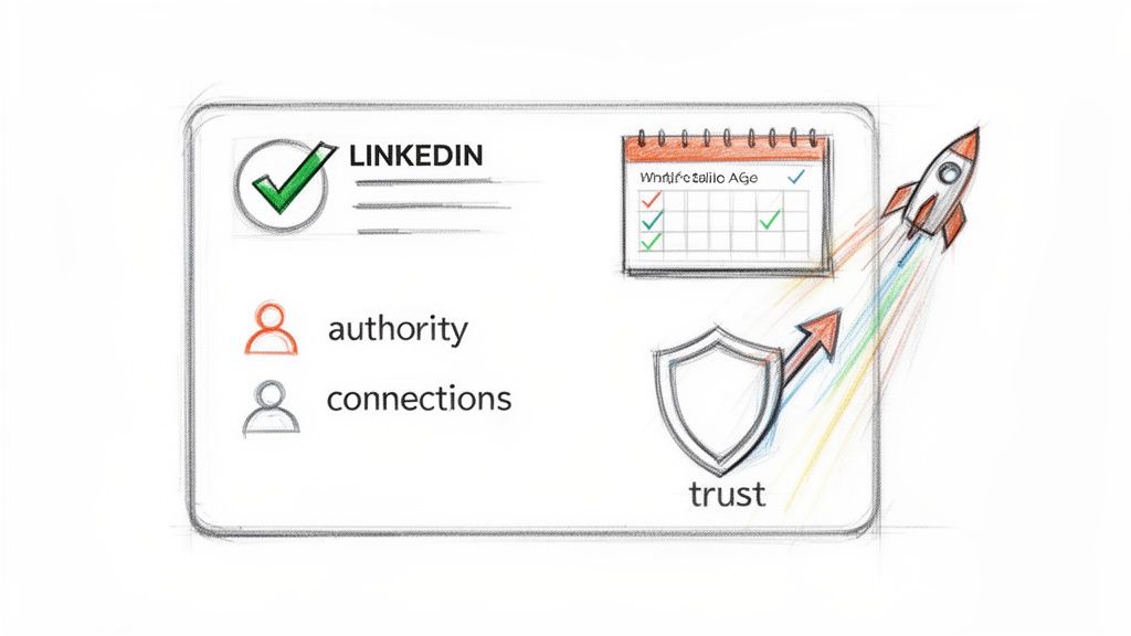 A diagram illustrating LinkedIn strategy with a checkmark, calendar, authority, connections, trust shield, and a rocket for growth.