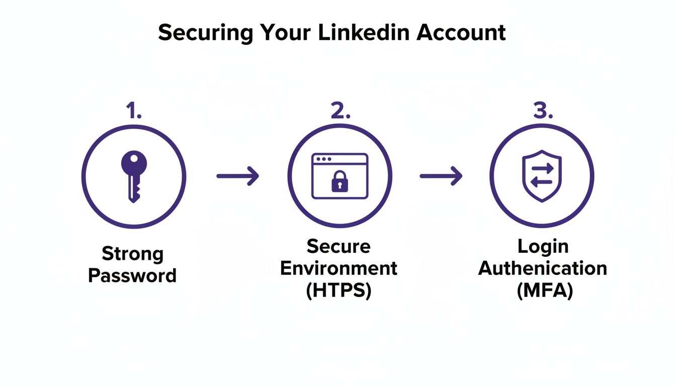 Diagram showing three steps to secure a LinkedIn account: strong password, secure HTTPS environment, and multi-factor authentication.
