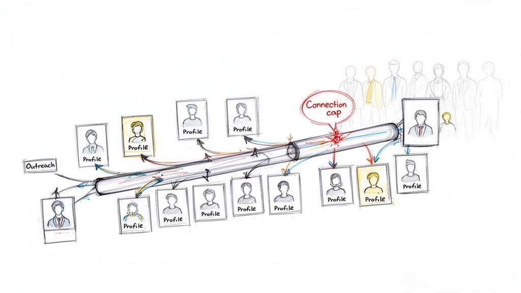 Diagram illustrates outreach and profile connections flowing through a pipeline, highlighting a connection cap.