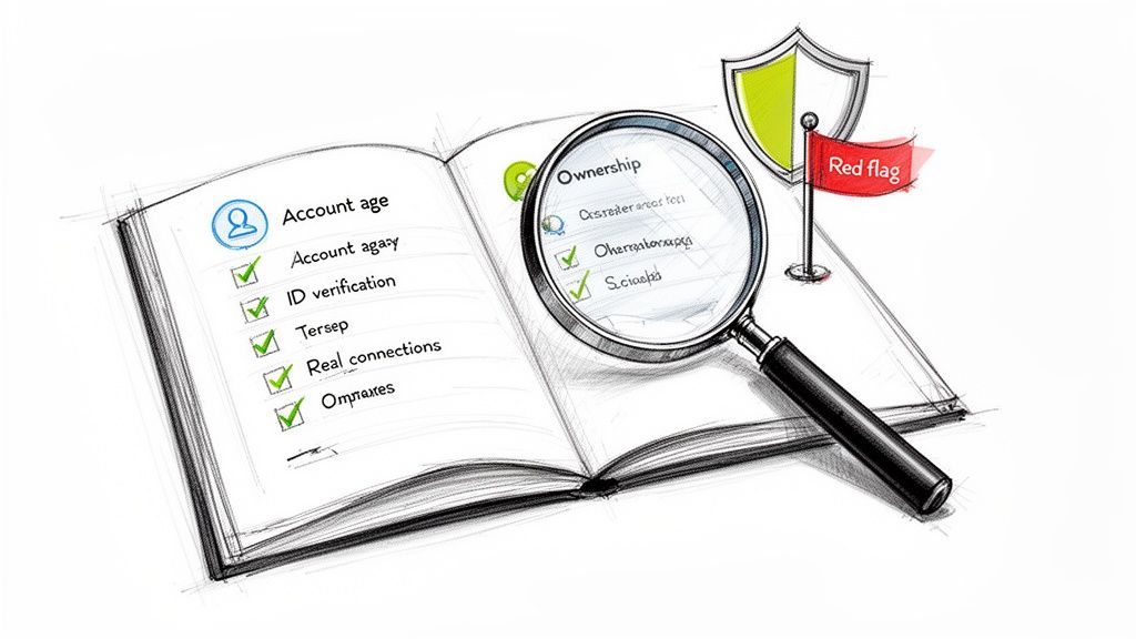 A sketch of an open book with account verification checklists, a magnifying glass, a shield, and a red flag.
