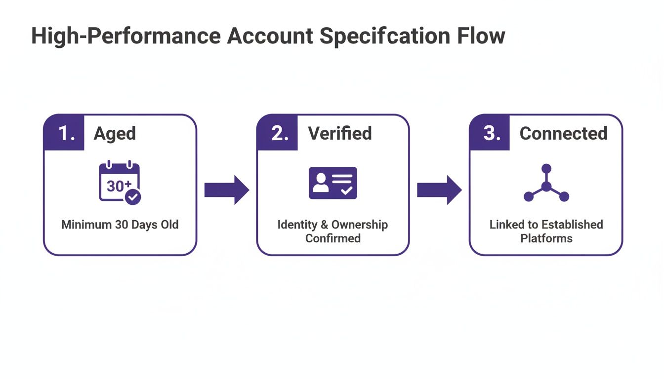A diagram outlining a 3-step High-Performance Account Specification Flow: Aged, Verified, and Connected.