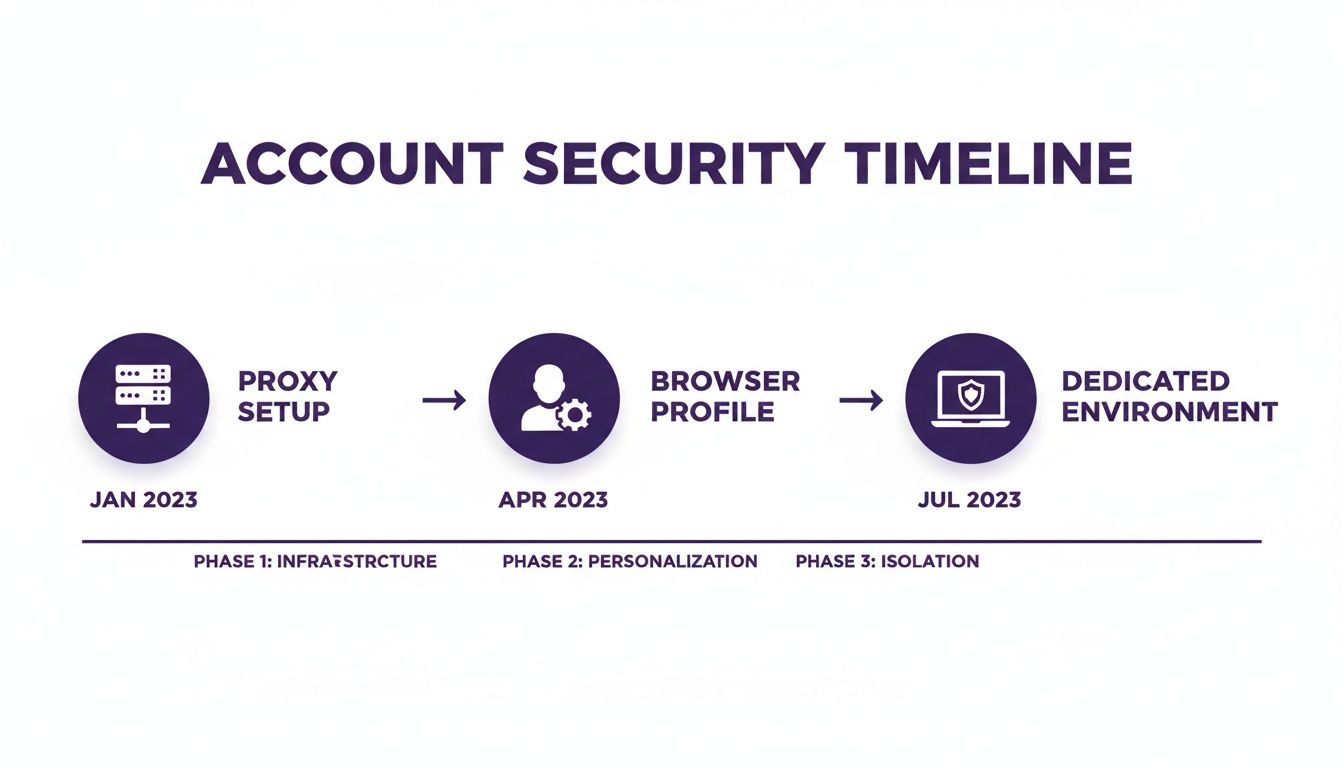 A visual timeline illustrating account security setup phases, including proxy, browser profile, and dedicated environment.
