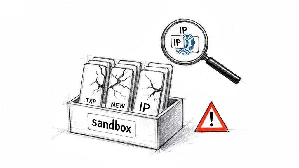 Digital security concept: sandbox with cracked IP data, magnifying glass inspecting IP, and a warning sign.