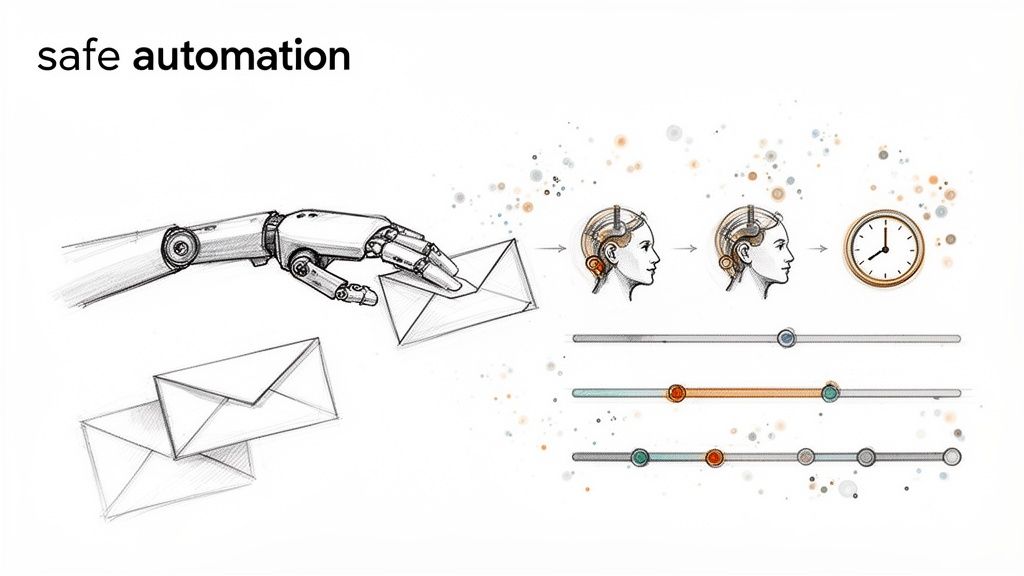 Illustration depicting safe automation with a robotic arm handling mail, human interaction, and control sliders.