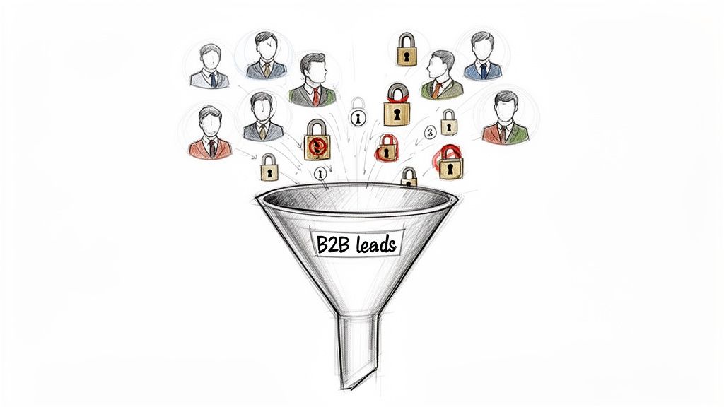 An illustration of a B2B leads sales funnel with business person icons and locks flowing into it.