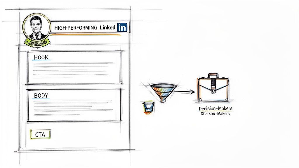 Diagram illustrating how to structure a high-performing LinkedIn post for decision-makers.
