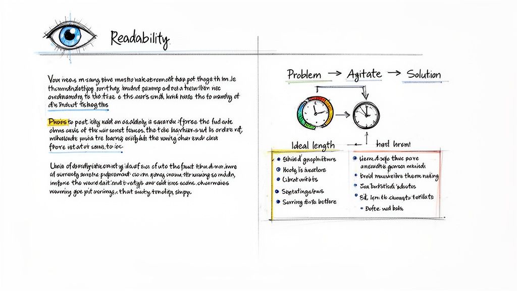 A hand-drawn diagram illustrating readability concepts, ideal text length, and a problem-solution framework.