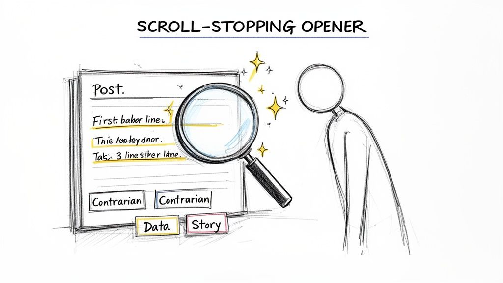 A magnified view of a post titled "SCROLL-STOPPING OPENER", with a person observing highlighted text.
