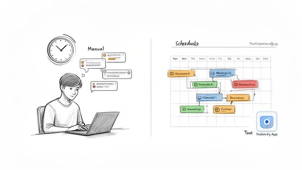 A dual image contrasting manual task management by a person on a laptop with an automated scheduling app.