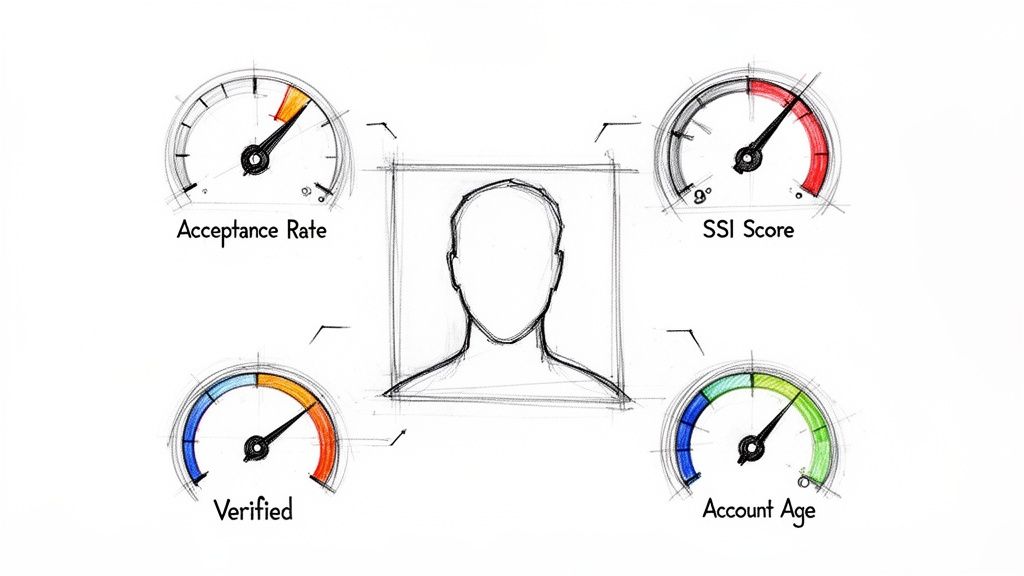 Sketch of a person's profile surrounded by four gauges measuring Acceptance Rate, SSI Score, Verified status, and Account Age.