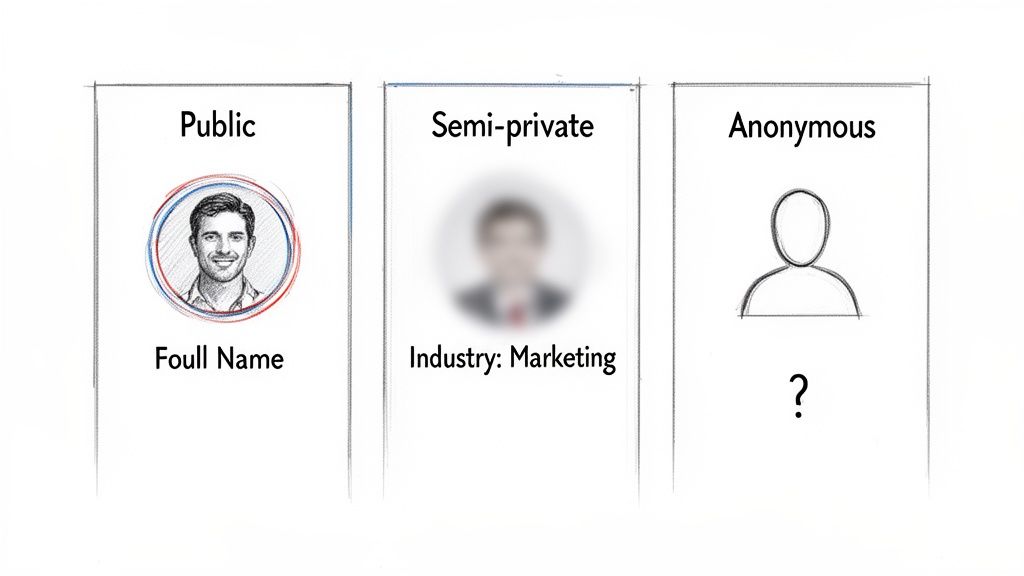 Visualizing data privacy with public profile, semi-private industry info, and anonymous user icon.