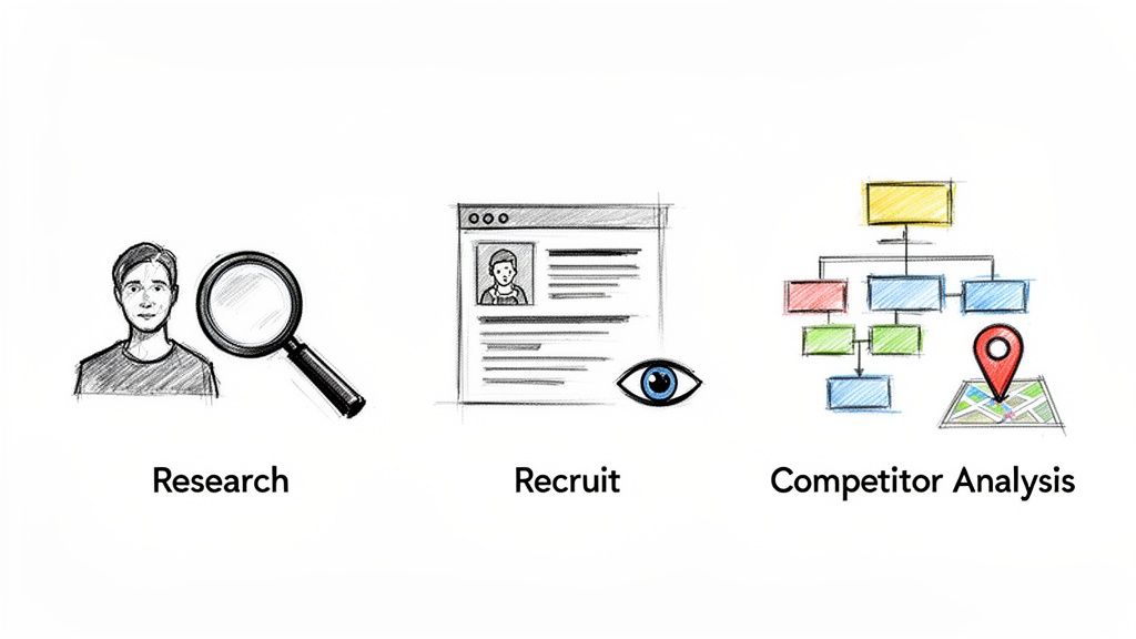 A conceptual image illustrating three business processes: Research (person and magnifying glass), Recruit (online profile and eye), and Competitor Analysis (flow chart, map, and pin).