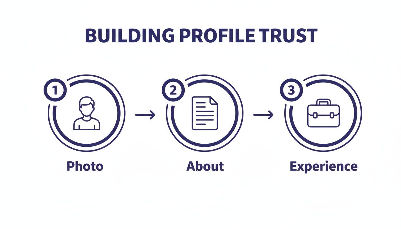 Flowchart illustrating building profile trust through three sequential steps: Photo, About, and Experience.