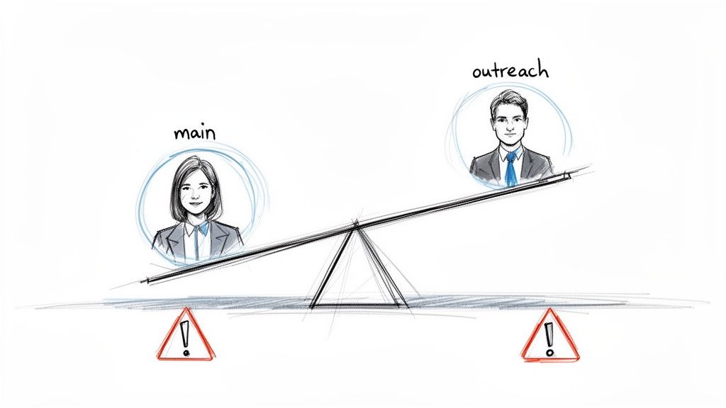 Diagram showing an unbalanced seesaw with a 'main' female profile low and 'outreach' male profile high, with warnings.