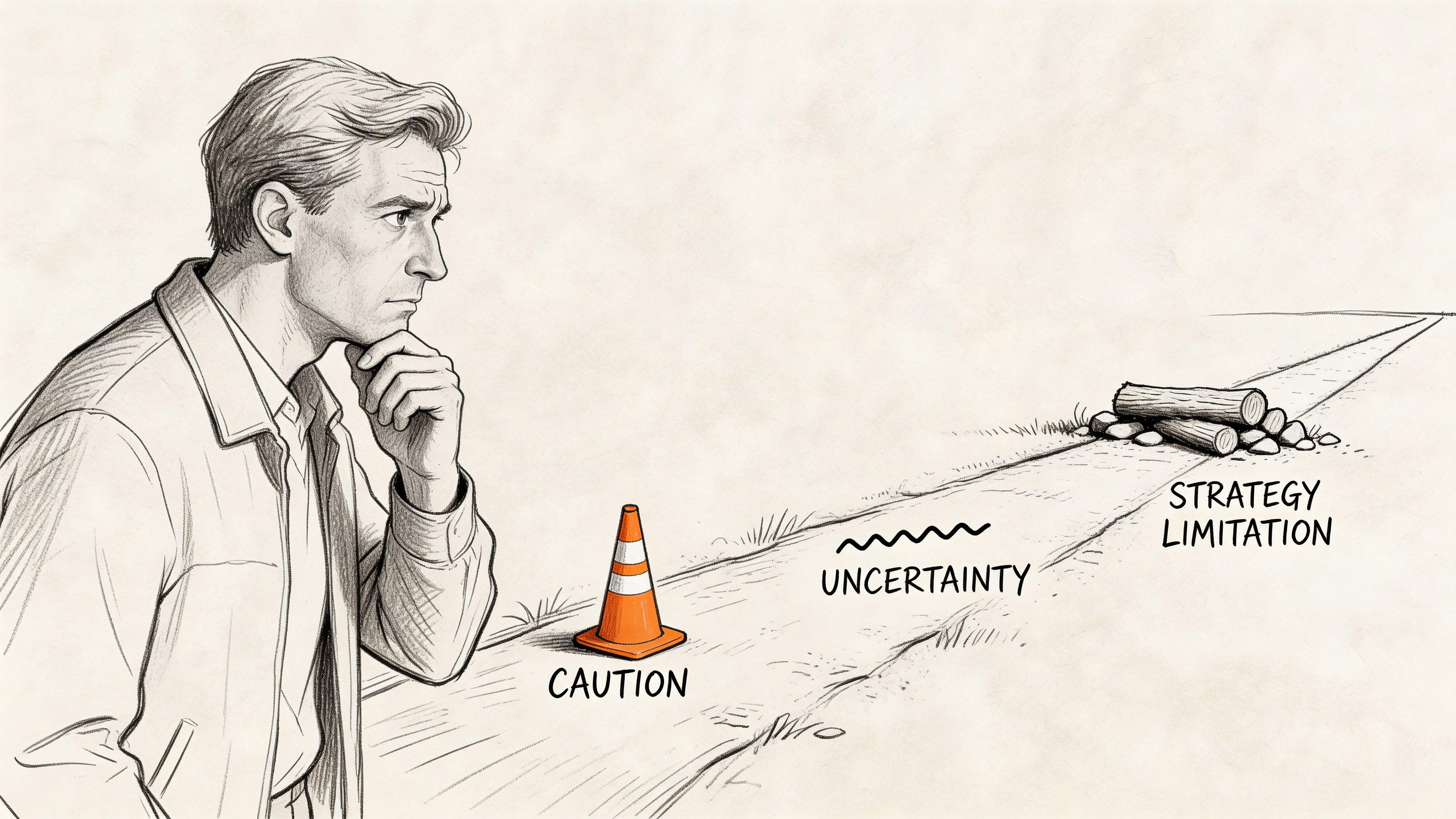 A contemplative man stands before a road obstacle representing caution, uncertainty, and strategy limitation in business planning.