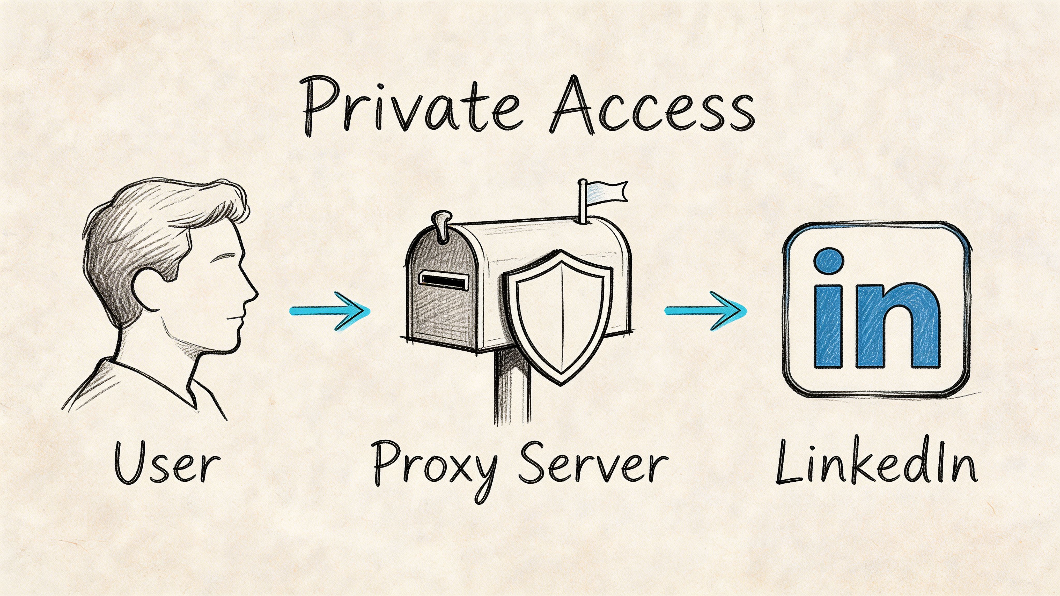 A diagram showing a user connecting to LinkedIn through a secure proxy server for private access.