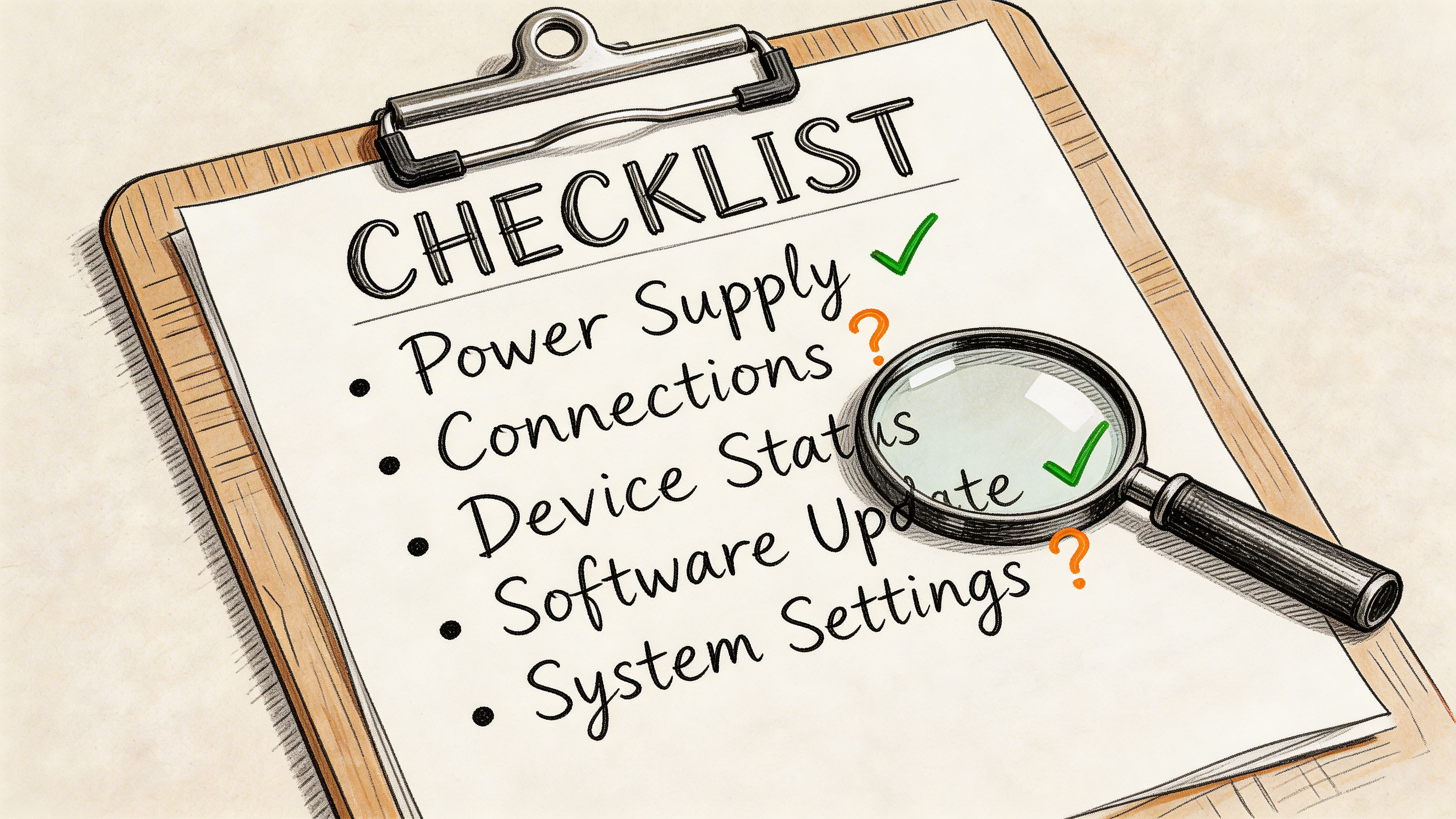 A clipboard with a checklist showing tasks like power supply and device status with marks and a magnifying glass.