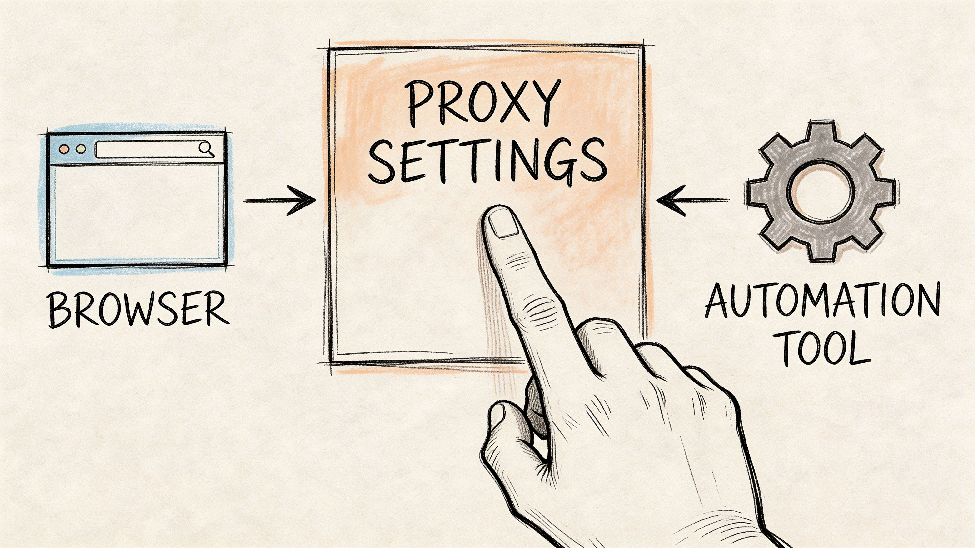 A hand selecting proxy settings, representing the connection between a web browser and an automation tool.