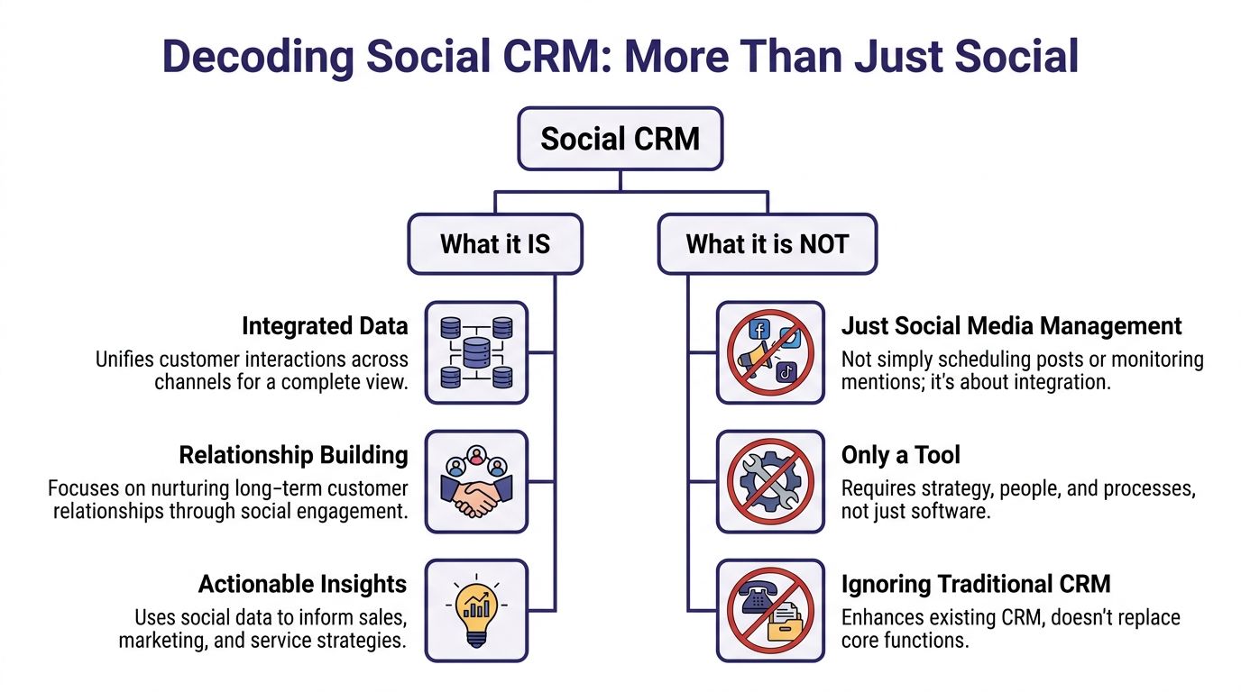 A diagram titled Decoding Social CRM explaining what social customer relationship management is and what it is not.