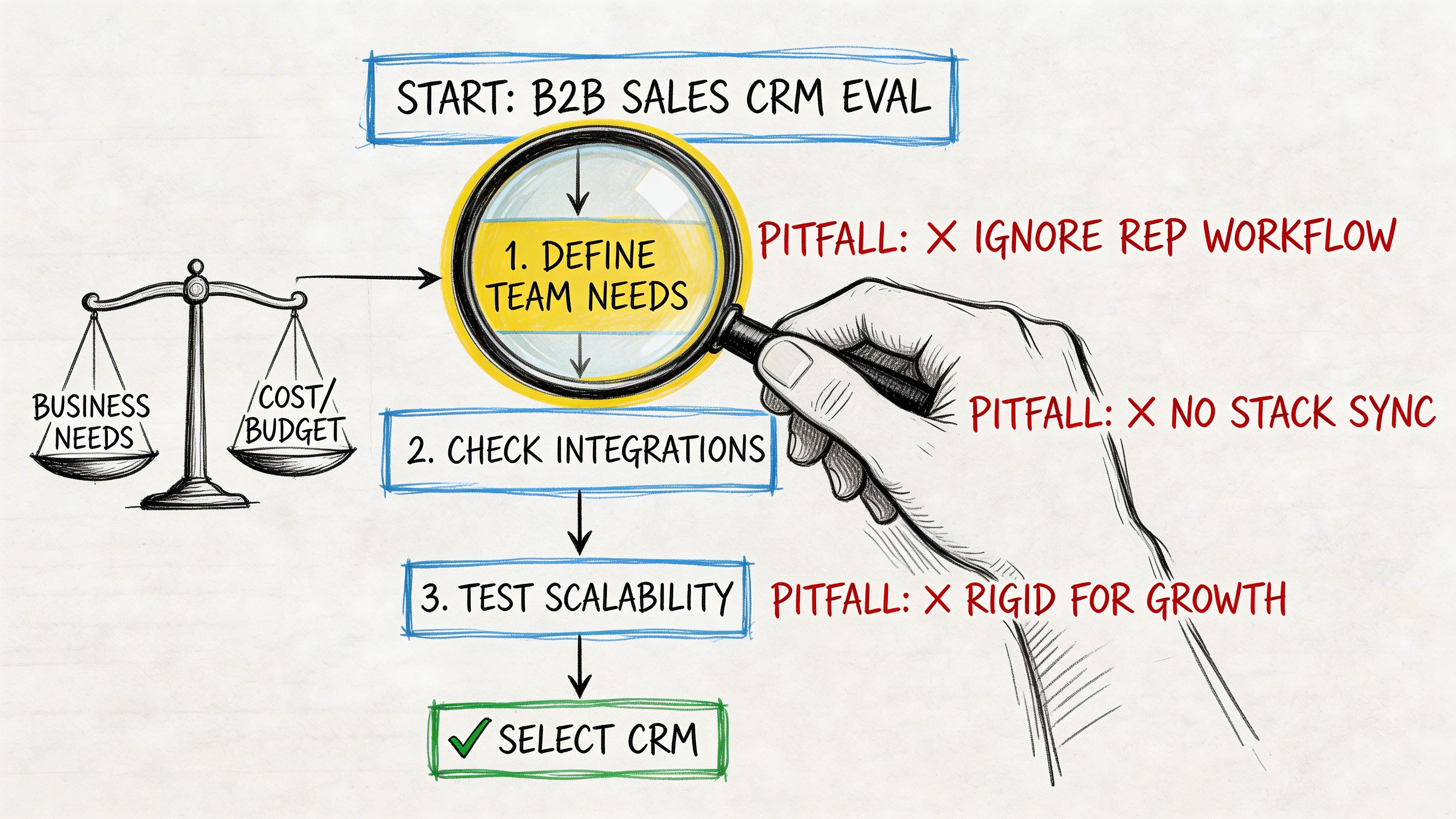 A hand holding a magnifying glass over a B2B sales CRM evaluation flowchart with common pitfalls highlighted.