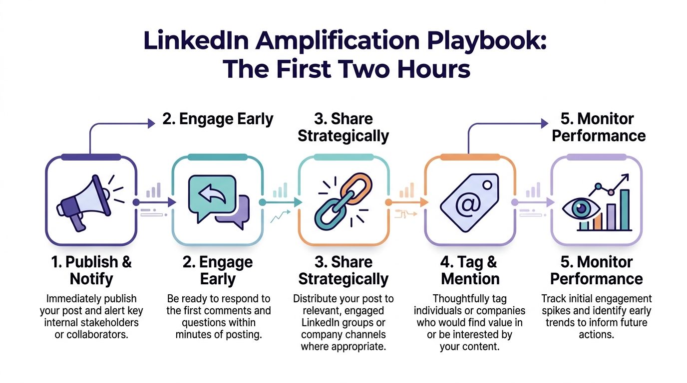 A five-step LinkedIn amplification playbook infographic detailing actions to take within the first two hours of posting.