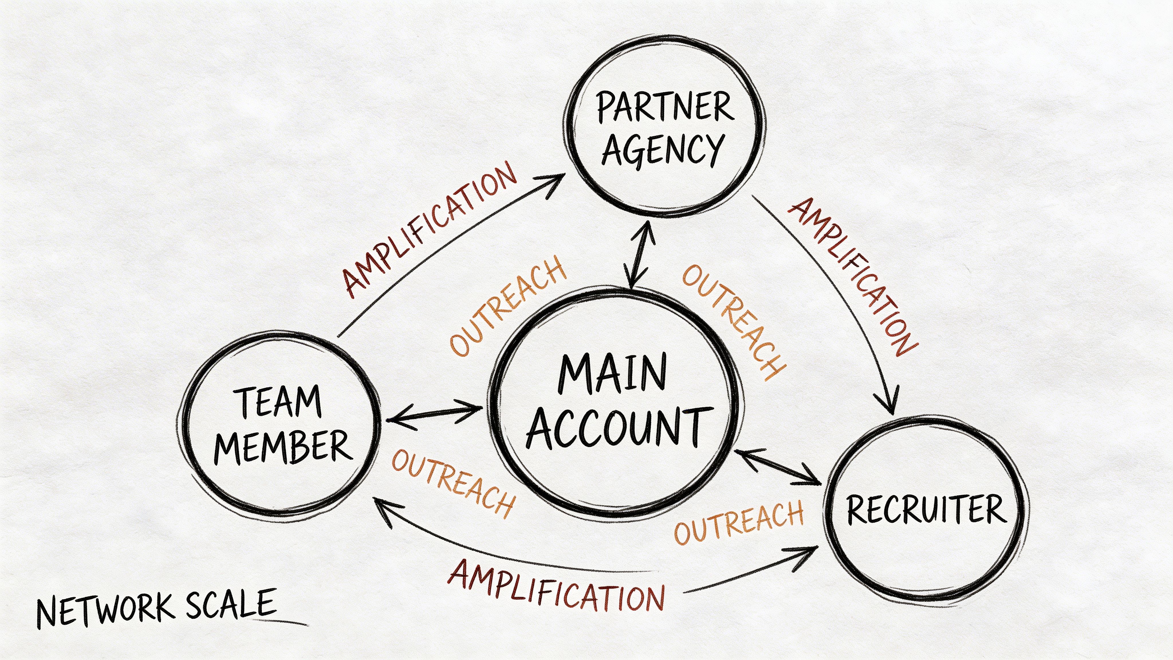 A diagram illustrating a professional network scaling strategy involving the main account, team members, partners, and recruiters.