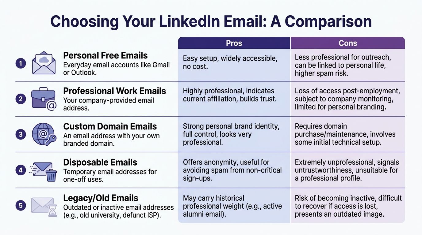 A comparison chart outlining the pros and cons of different email types for LinkedIn profiles.