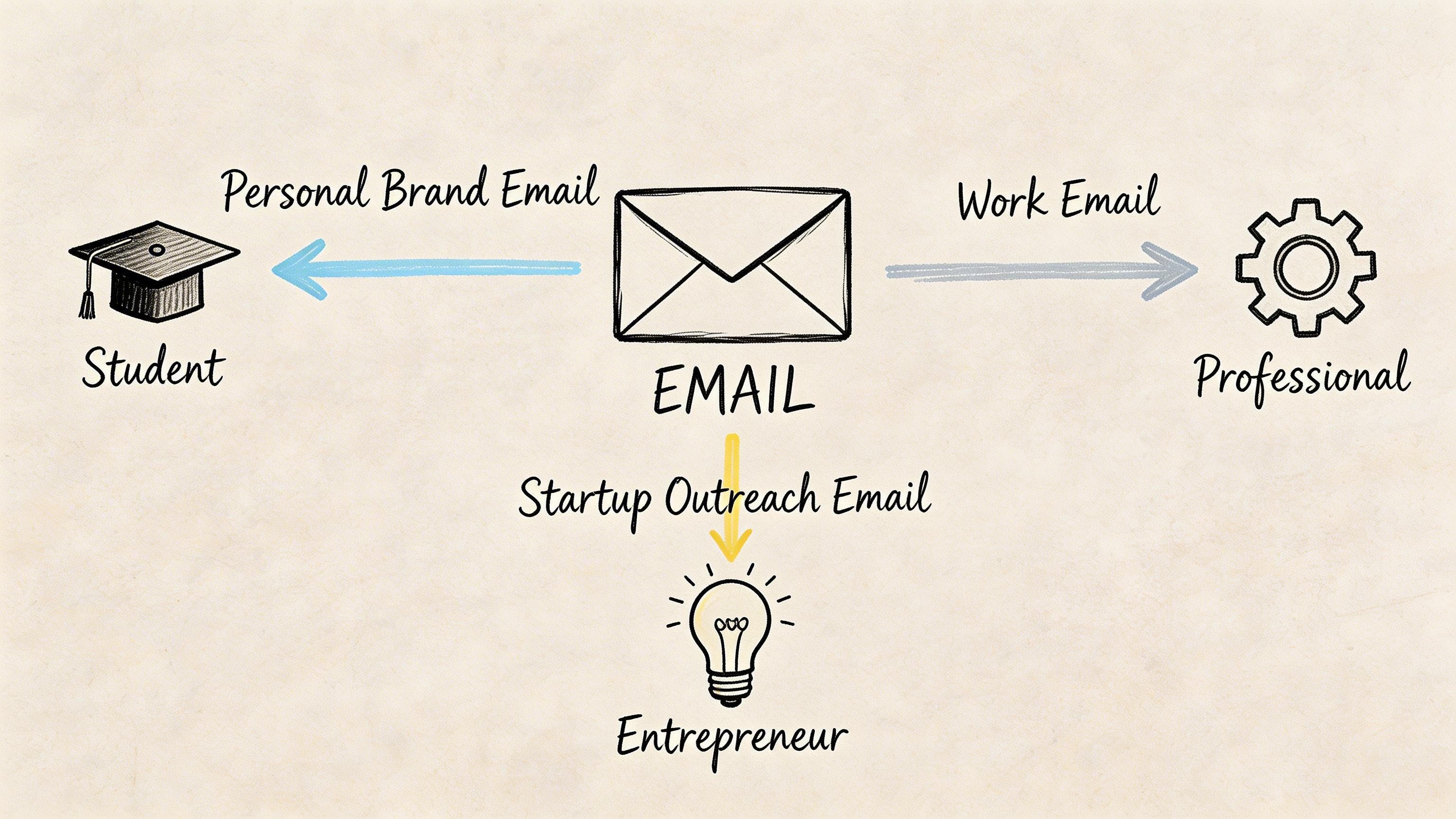 A diagram illustrating three types of email accounts for a student, a professional, and an entrepreneur.