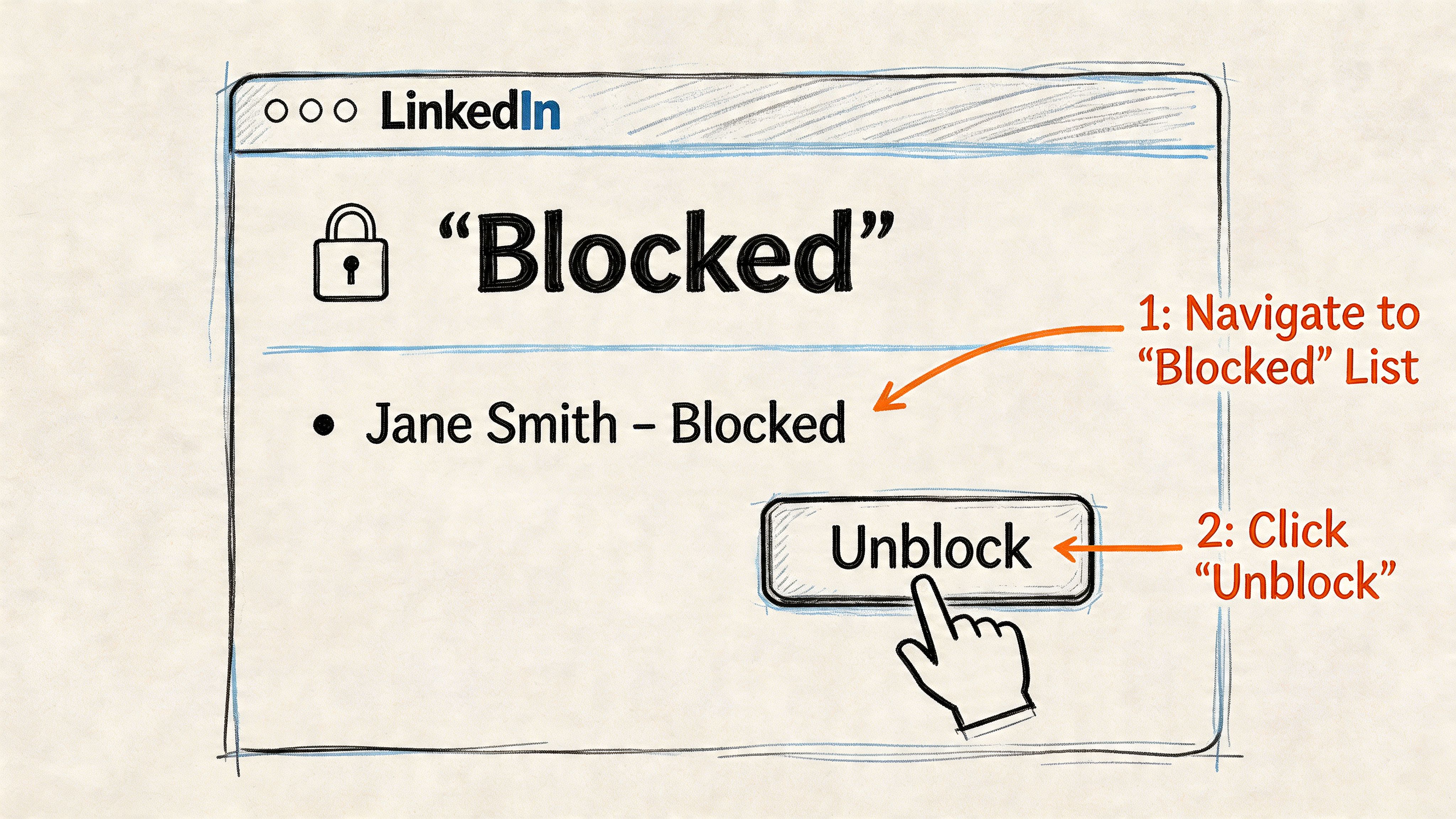 A simple sketch showing the steps to unblock a user from the LinkedIn blocked list menu.