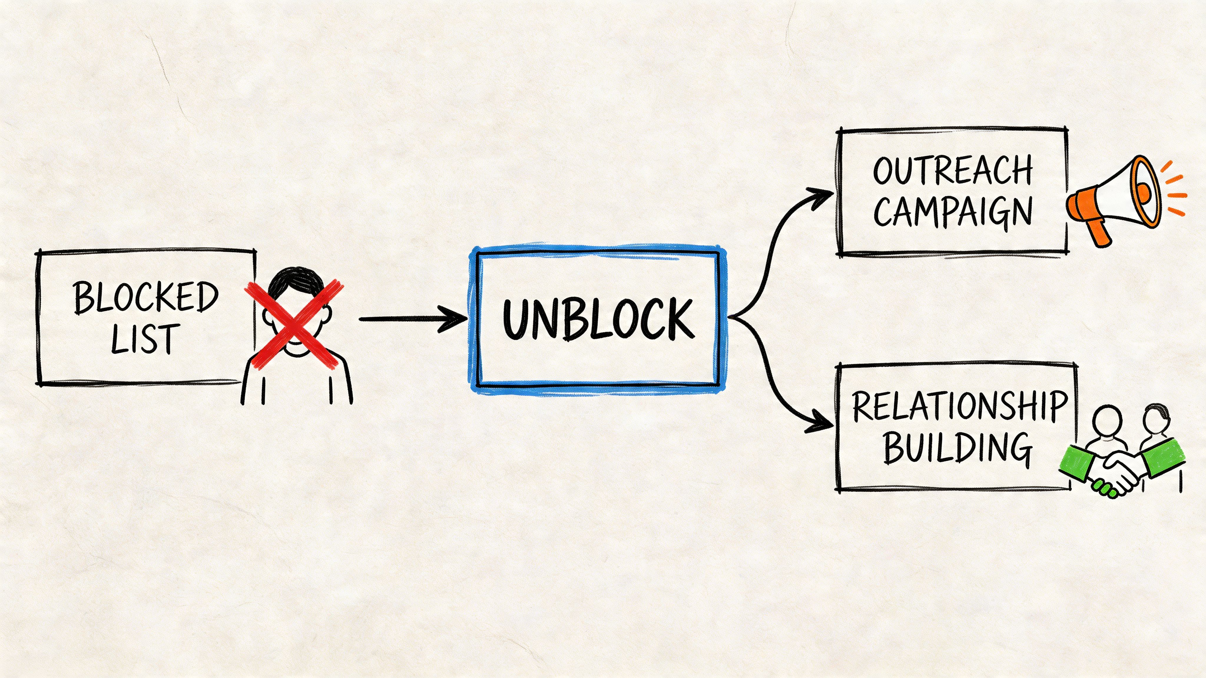 A diagram showing a blocked user being unblocked to enable outreach campaigns and relationship building strategies.