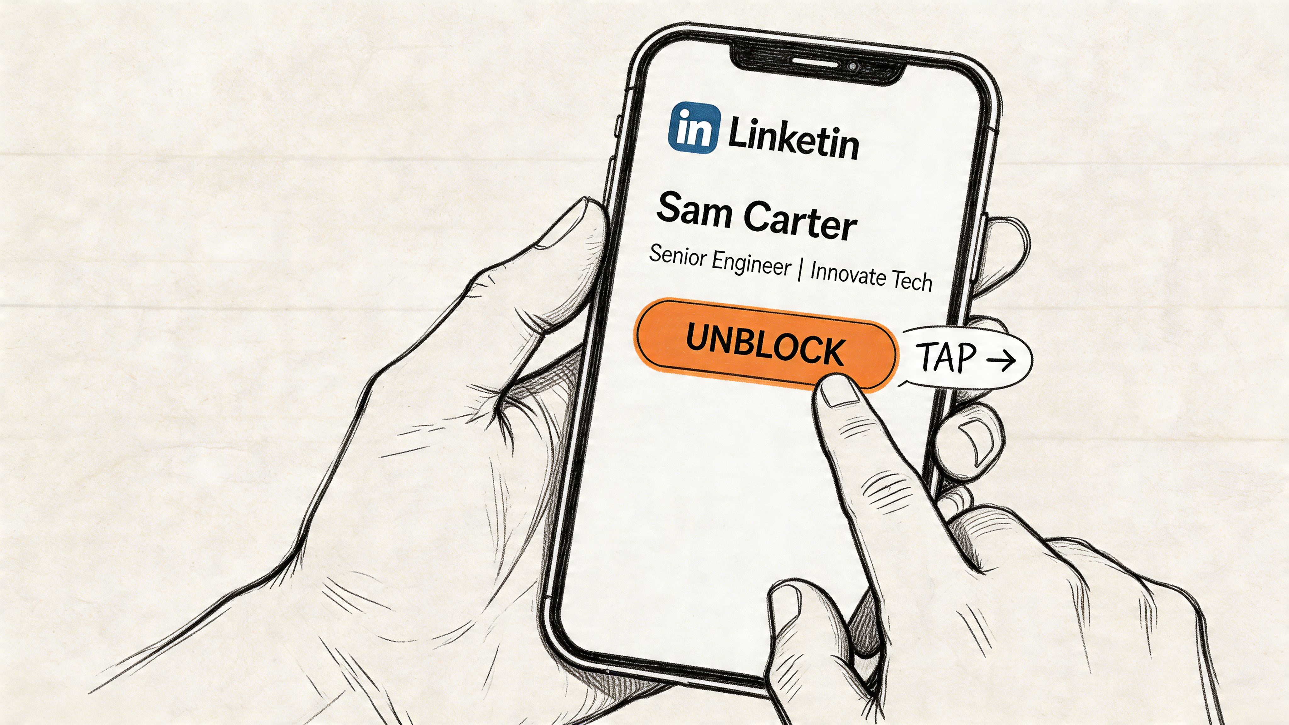 A hand holding a smartphone with an unblock button displayed on a social media profile screen.