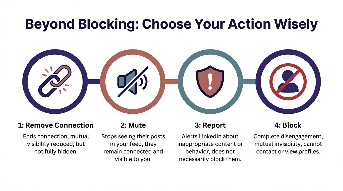 An infographic outlining four LinkedIn options for managing interactions: Remove Connection, Mute, Report, and Block.
