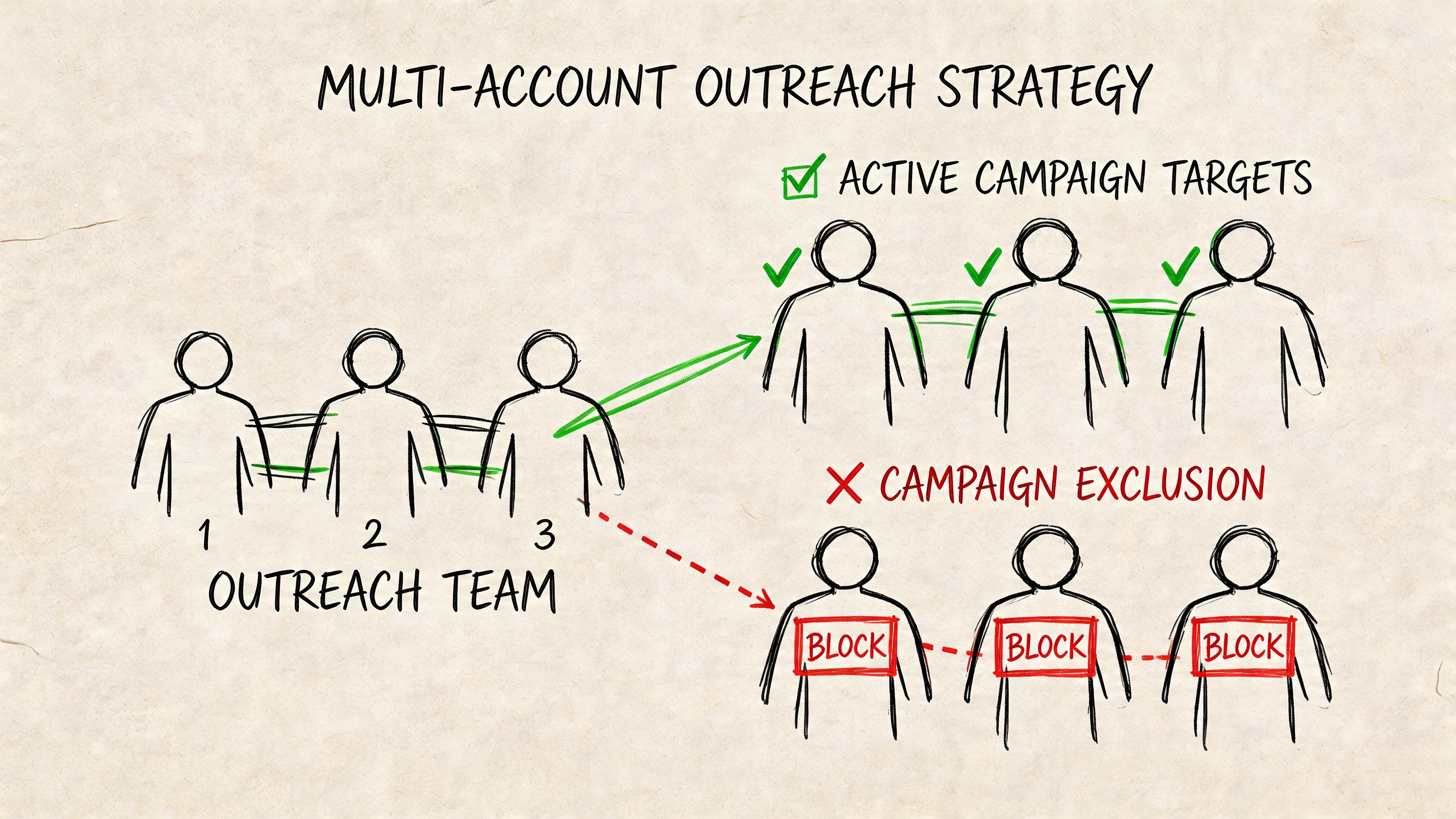 A hand-drawn diagram illustrating a multi-account outreach strategy, showing team members connecting with targets and blocking others.