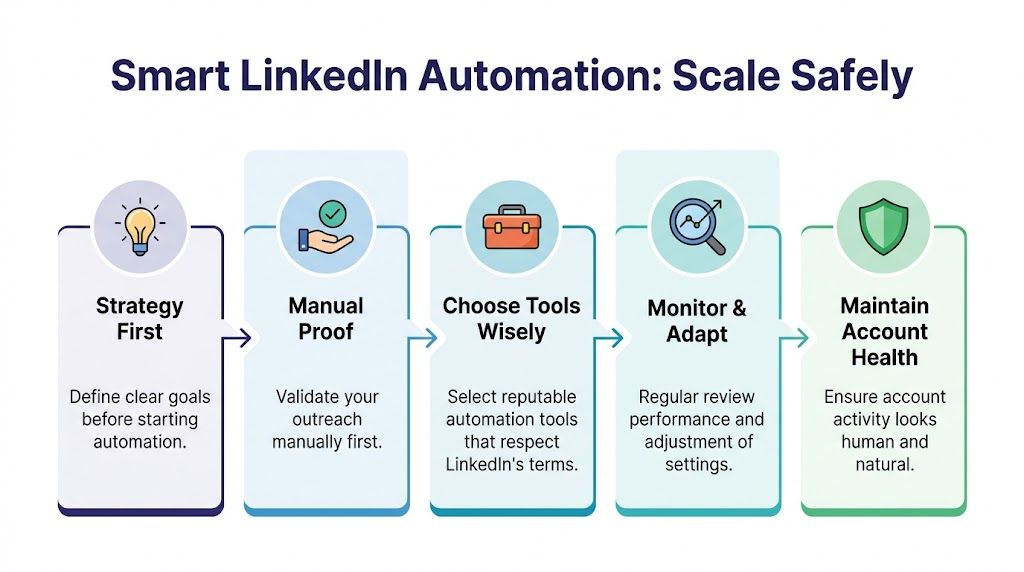 A five-step infographic showing a process for safely scaling LinkedIn automation to maintain account health.