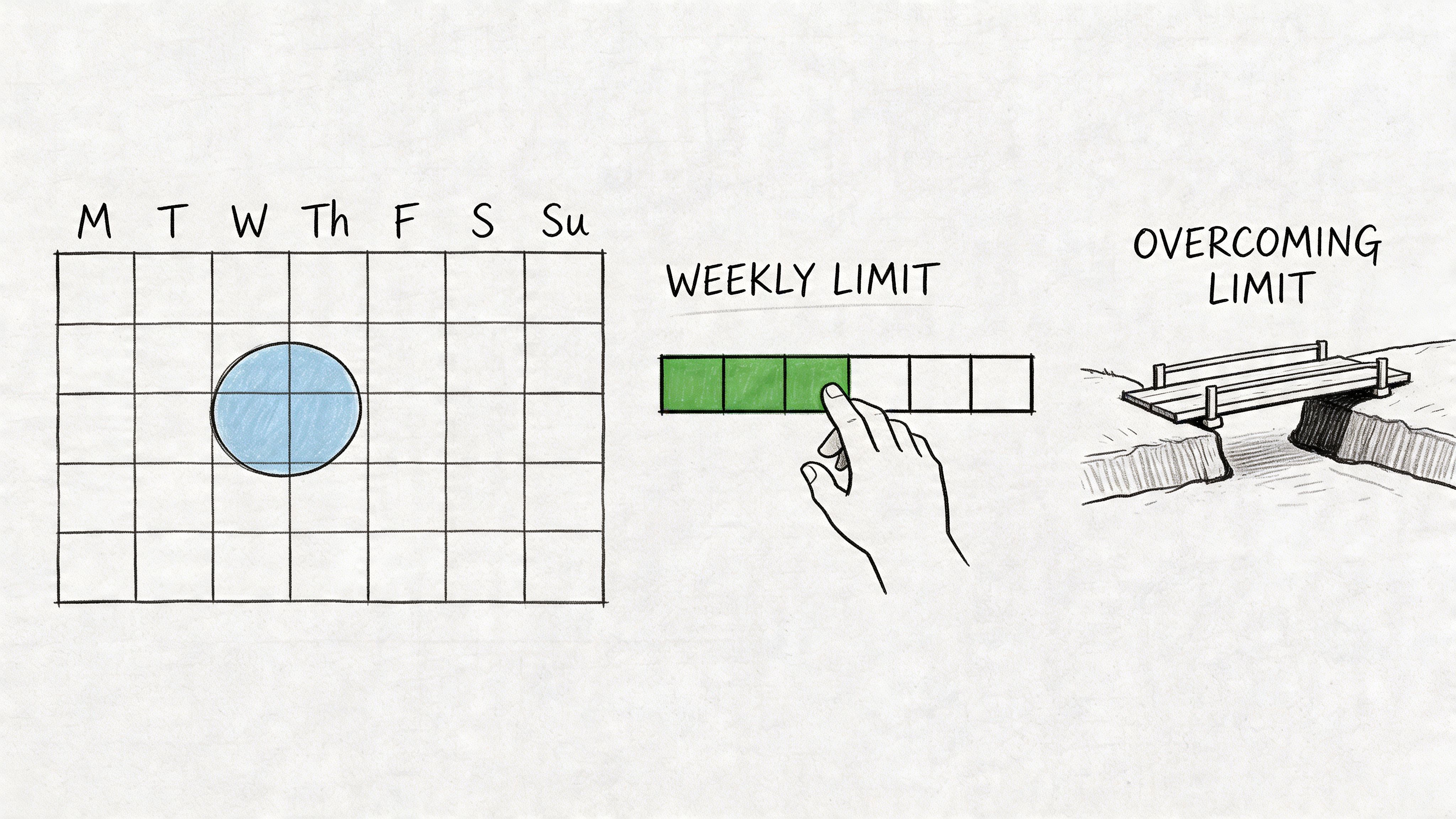 A conceptual illustration depicting a weekly calendar, a hand tracking a limit, and a bridge crossing a gap.