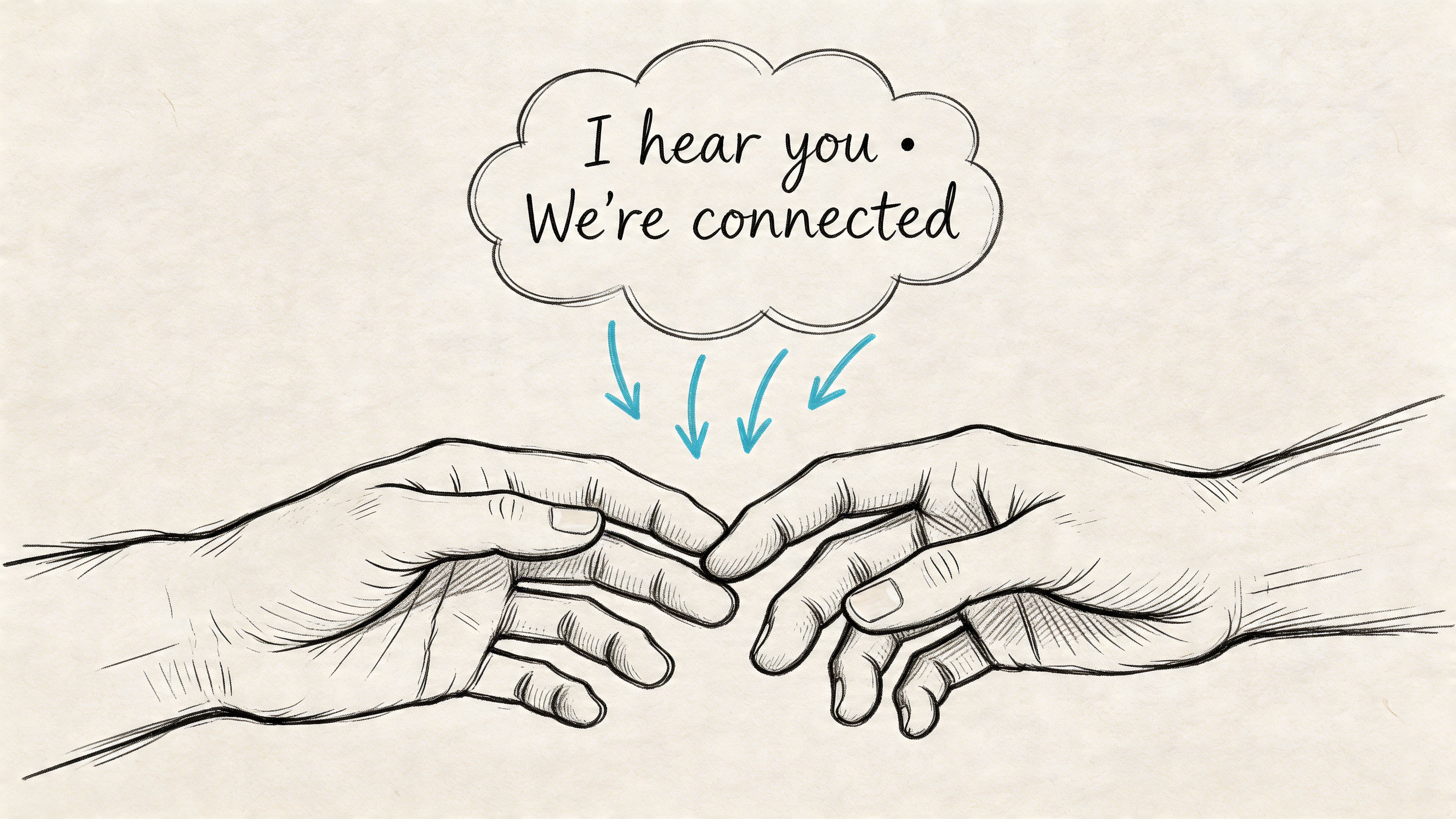 A hand-drawn illustration showing two hands reaching out to connect with a thought bubble above saying I hear you.