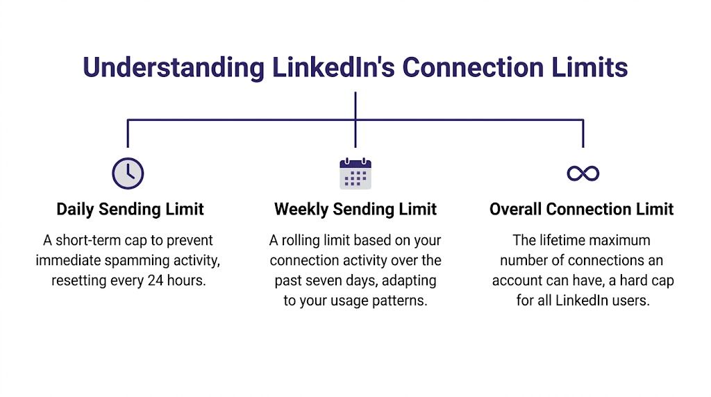 A diagram illustrating LinkedIn's three main connection limits: daily sending, weekly sending, and overall lifetime maximums.