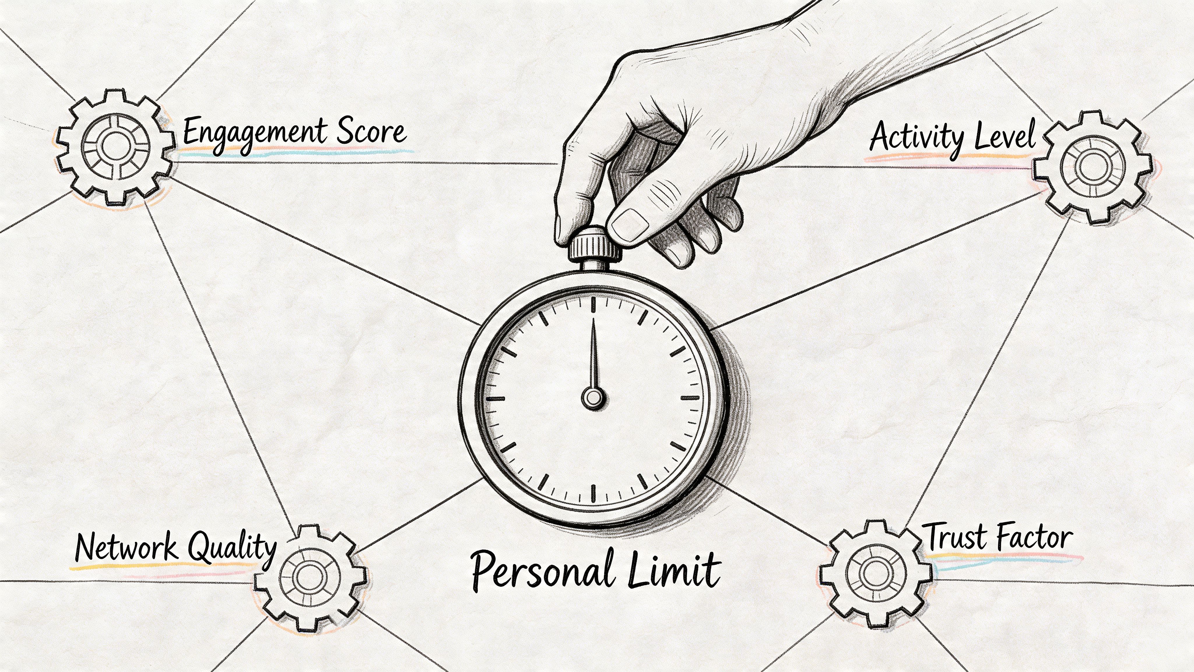 A hand adjusts a stopwatch representing a personal limit, connected to gears labeled Engagement, Activity, Network, and Trust.
